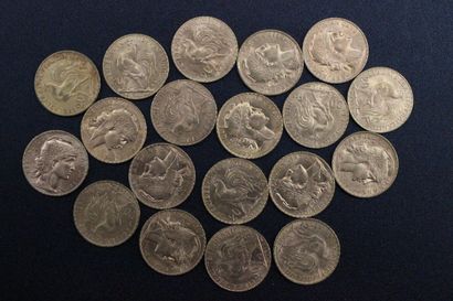 19 pieces of 20 francs gold with rooster...