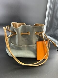 LANCEL- Sac en daim bleu gris et cuir gold,...