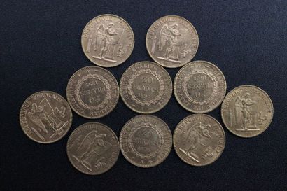 10 pieces of 20 francs gold République francaise...