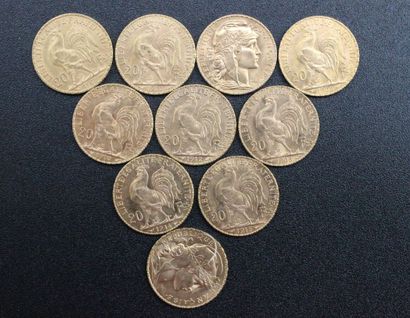 10 pieces of 20 francs gold with rooster...