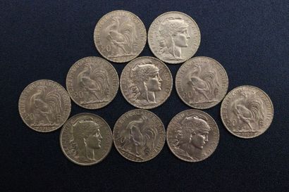 10 pieces of 20 francs gold with rooster...