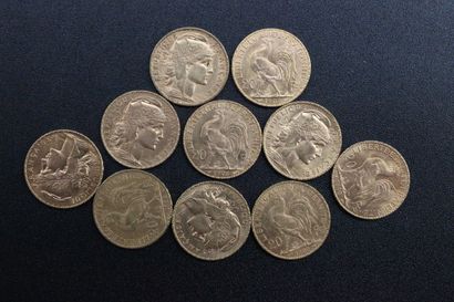 10 pieces of 20 francs gold with rooster...