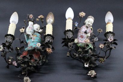 Pair of bronze sconces with Chinese figures...