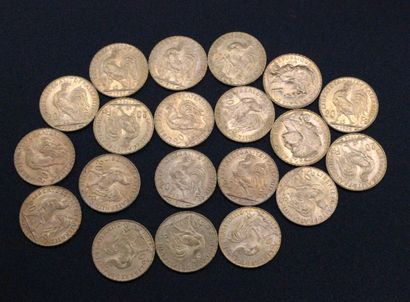 20 gold 20 franc coins with rooster 
