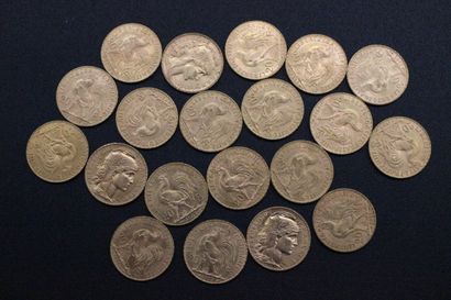 20 gold 20 franc coins with rooster 