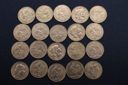20 gold 20 franc coins with rooster 