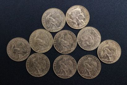 10 pieces of 20 francs gold with rooster...