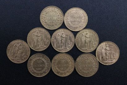 10 pieces of 20 francs gold République francaise...