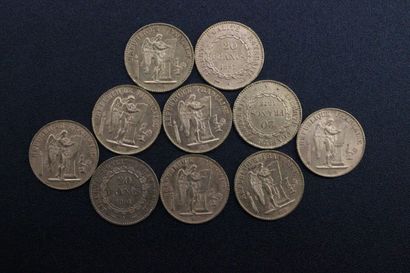 10 pieces of 20 francs gold République francaise...