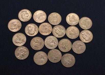 20 gold 20 franc coins with rooster 
