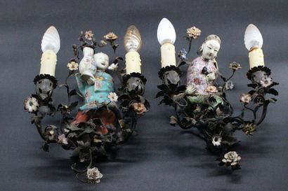 Pair of bronze sconces with Chinese figures...