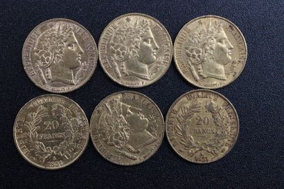 6 pieces of 20 francs gold Céres 1851 A