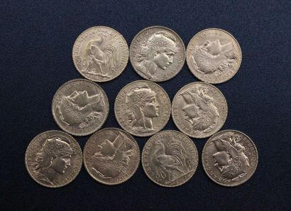10 pieces of 20 francs gold with rooster...