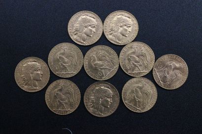 10 pieces of 20 francs gold with rooster...