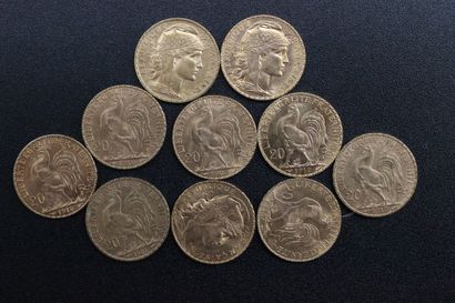 10 pieces of 20 francs gold with rooster...