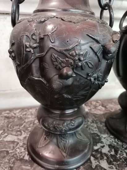 Pair of bronze potiches decorated with birds....