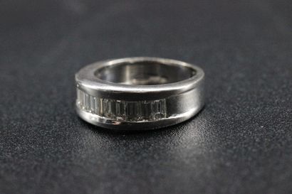 American wide-edged wedding band in 18k white...