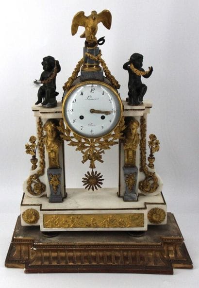 Portico clock in white, grey veined marble...