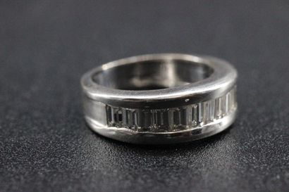 American wide-edged wedding band in 18k white...