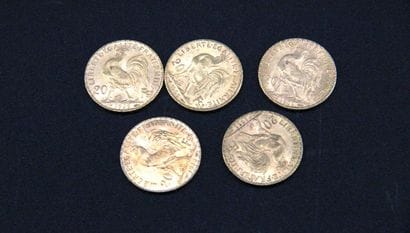 5 pièces de 20F or au coq (1905, 1906, 1909,...
