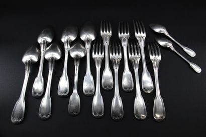 Set of 6 silver spoons and 7 forks with Minerve...