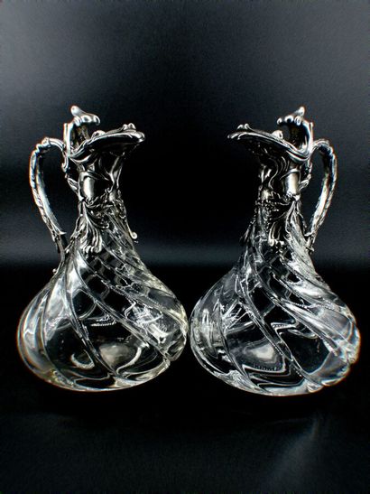 Pair of crystal ewers, silver mountings....