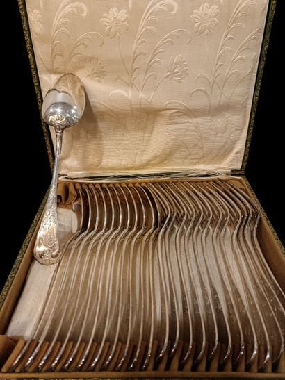 12 Minerve hallmarked silver flatware, monogrammed...