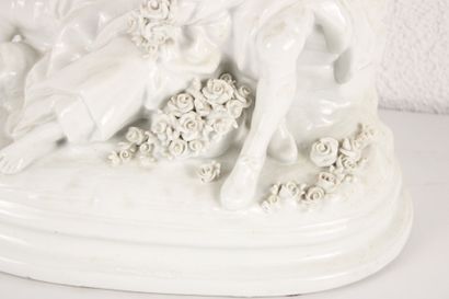 Large porcelain group featuring a pastoral...