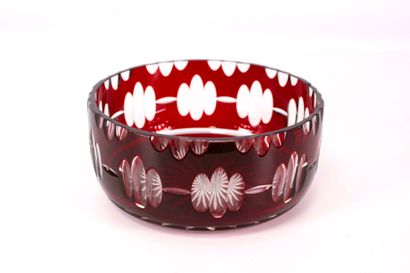 Red crystal cream jug with geometric decoration....