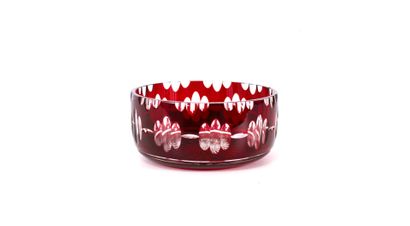 Red crystal cream jug with geometric decoration....