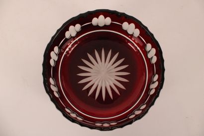 Red crystal cream jug with geometric decoration....