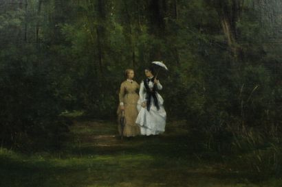 César DE COCK (1823-1904) 
Promenade en forêt
Huile...