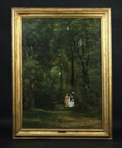César DE COCK (1823-1904) 
Promenade en forêt
Huile...