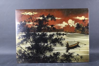 Van Ha TRAN (1911-1974).
Paysage à la barque
Laque...