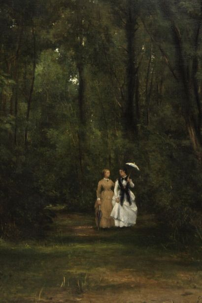 César DE COCK (1823-1904) 
Promenade en forêt
Huile...