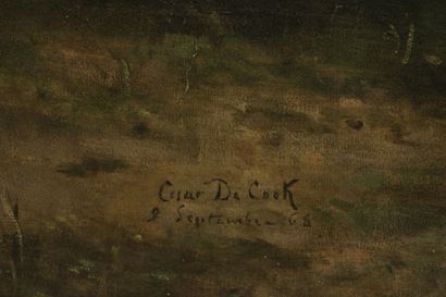 César DE COCK (1823-1904) 
Promenade en forêt
Huile...