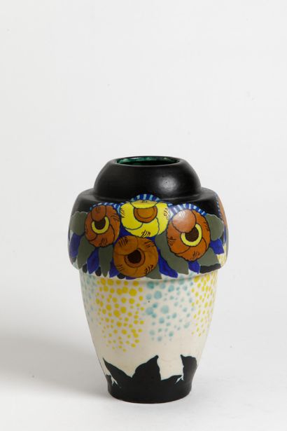 D'ARGYL
Enameled earthenware shell vase decorated...