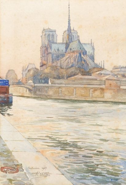 A.R. PHILLIPE
View of Notre Dame, 1907 
Watercolor...