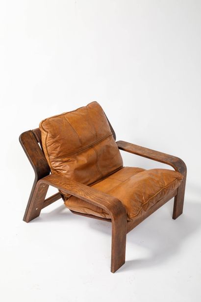 Pair of comfortable armchairs with varnished...