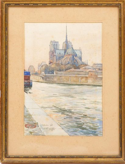 A.R. PHILLIPE
View of Notre Dame, 1907 
Watercolor...