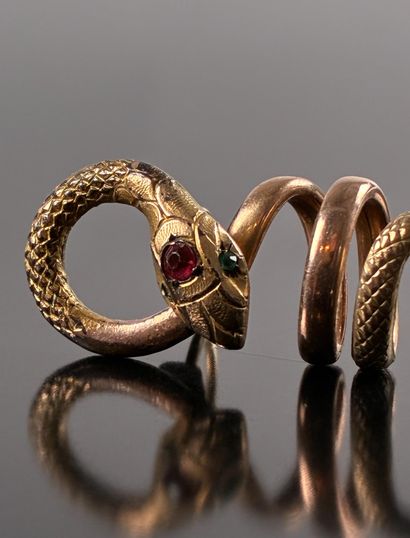 Original snake earring in gilded and pink...