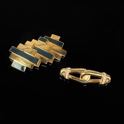 LANVIN Paris
Gilt metal brooch with green...