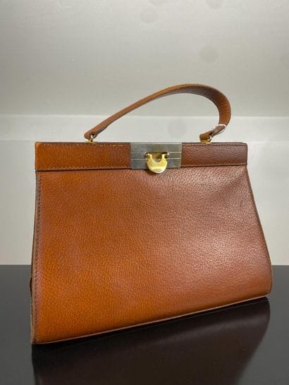 Havana leather handbag with gusset opening,...