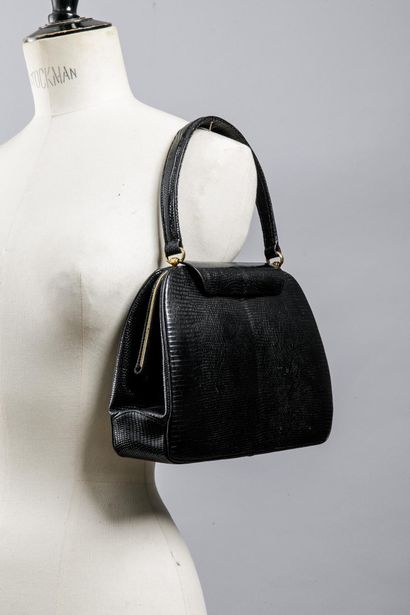 Sac en cuir de lézard noir, la doublure en...