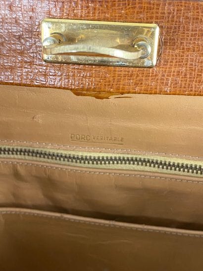 Havana leather handbag with gusset opening,...