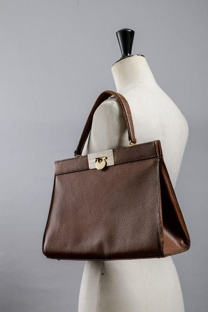Havana leather handbag with gusset opening,...
