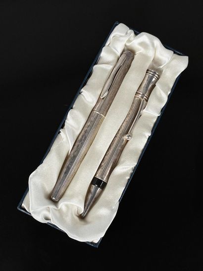 Pair of silver-plated pens with banded guilloche...