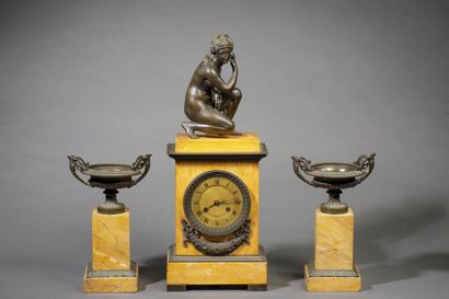 Yellow marble and bronze mantelpiece with...