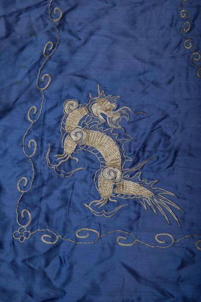 Large square blue silk tapestry, lined and...