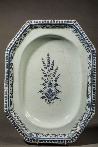 Octagonal blue-glazed earthenware dish with...